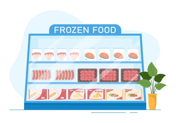 冷冻食品商店与产品真空使用箔和袋包装是新鲜的手绘卡通模板插图图片下载