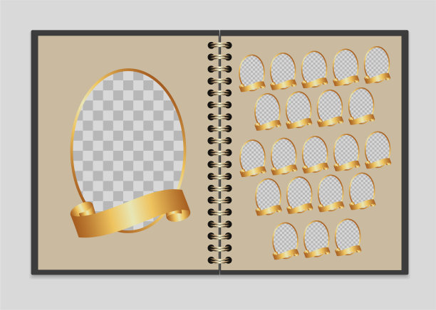 打开相册与22个空椭圆相框。一套椭圆形小插图与金色弯曲丝带为题词。米色书页的书或相册上有金色的螺旋。矢量现实模拟。EPS10。图片下载