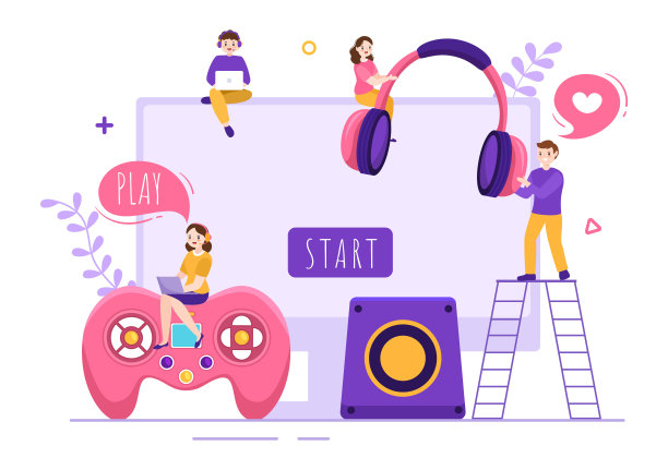 视频游戏与孩子玩手柄控制器战斗控制台在Android移动电脑上的平面卡通手绘模板插图图片下载