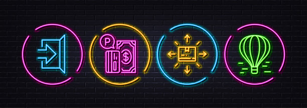 出口，纸板箱和停车支付最小线图标。对于网页应用，打印。氖激光3d灯。向量图片下载