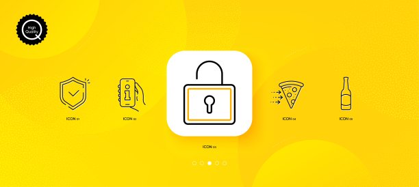 啤酒，锁和食物递送最小的线图标。对于网页应用，打印。向量图片下载