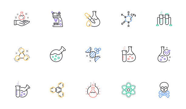 化学实验室线图标。化学配方，显微镜和医学分析。线性集。向量图片下载