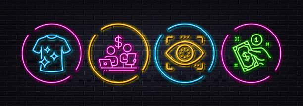 干净的t恤，眼睛检测和预算会计最小线图标。对于web应用程序，打印矢量图片下载