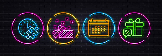 日历，益智时间和呈现最小线图标。对于网页应用，打印。氖激光3d灯。向量图片下载