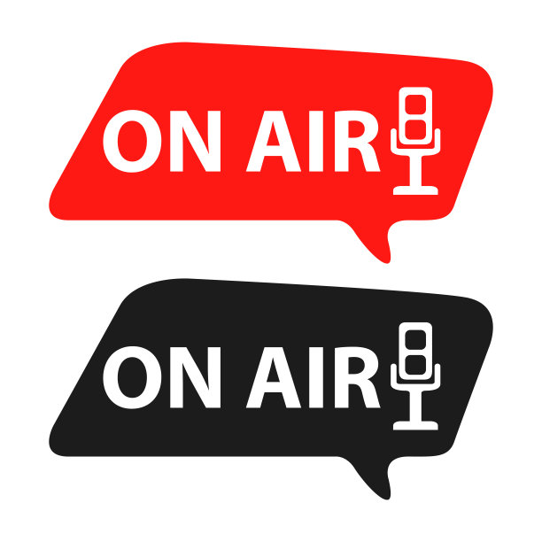 在航标上。媒体播放警告标志。录音按钮。播客电台图标。工作室台面麦克风。图片下载