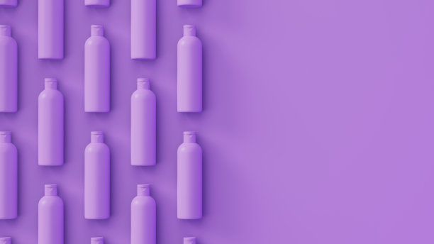 薰衣草化妆瓶与柔和的阴影背景。完美有序的瓶子蜂巢布局。三维渲染插图图片下载