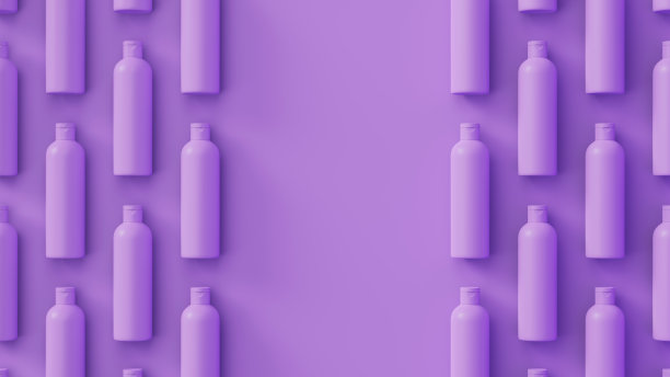 薰衣草化妆瓶与柔和的阴影背景。完美的有序瓶蜂巢布局与中心孔。三维渲染插图图片下载