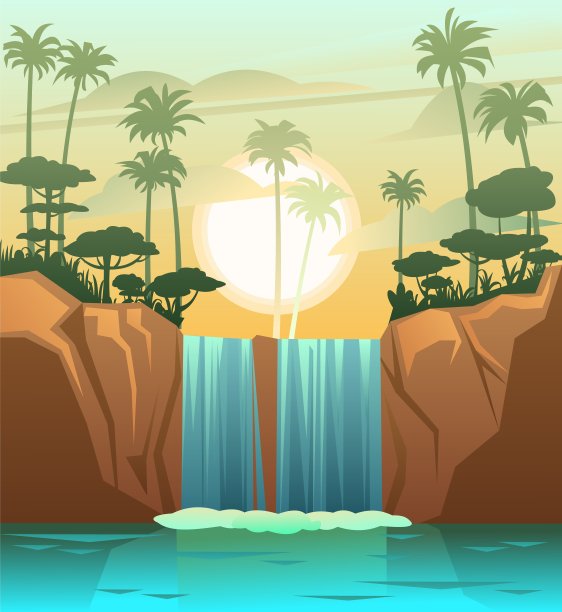 岩石中的瀑布。热带地区有棕榈树。景观与岩石和河流之间的石头。水在流动。水花四溅。卡通趣味风格。平面设计。向量。图片下载