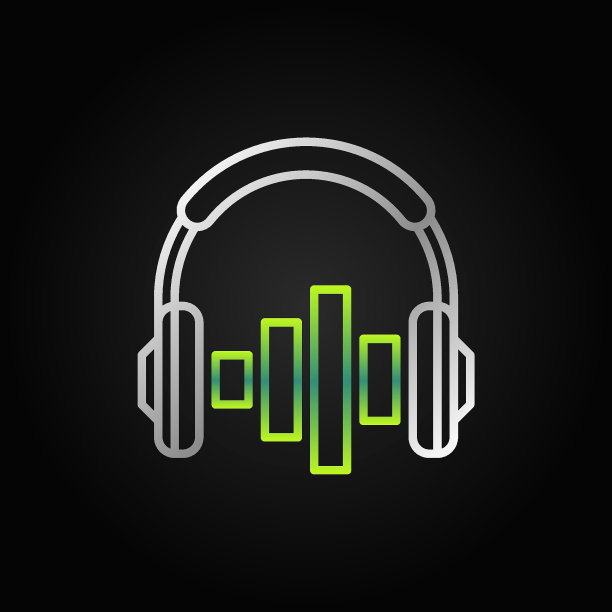 在耳朵上银色耳机与绿色均衡器轮廓矢量图标图片下载