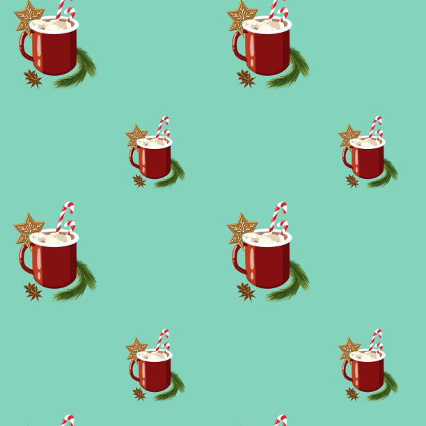 舒适无缝的圣诞和新年图案与红色杯咖啡/茶/可可棉花糖。茴香装饰。图片下载
