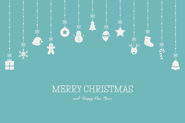 挂有节日图标和祝福的圣诞贺卡。圣诞装饰品。向量图片下载