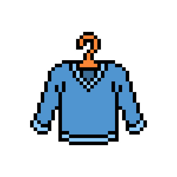 像素艺术符号蓝色v领长袖运动衫，衬衫或毛衣孤立在白色背景。衣服图标。老派复古复古90年代，80年代8位老虎机，2d视频游戏图形。图片下载