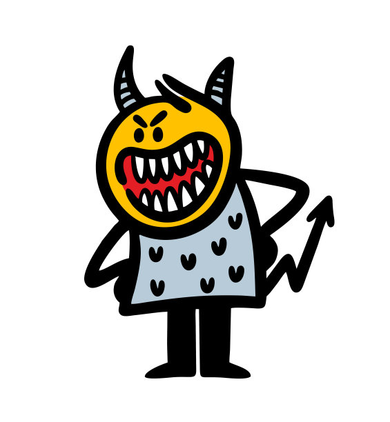 疯狂的恶魔在万圣节有有趣的微笑，角和锋利的尾巴。图片下载