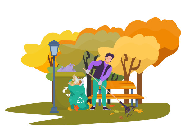 男子在公园里耙秋叶。角色用耙子清理领地。工人,志愿者。平面矢量插图。在户外。图片下载