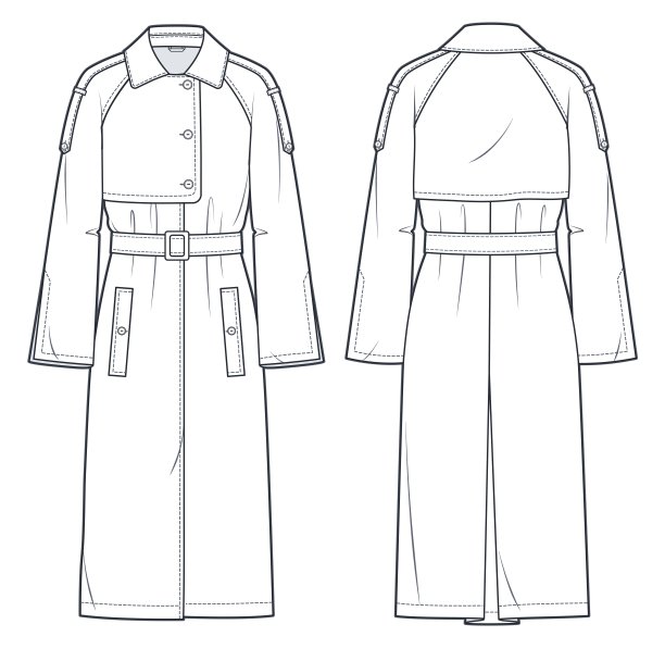 拉格兰袖战壕大衣技术时尚插画。风衣时尚平面技术图纸模板，中长裙，喇叭袖，口袋，前和后视图，白色，女性，男性，男女通用的CAD模型集。图片下载