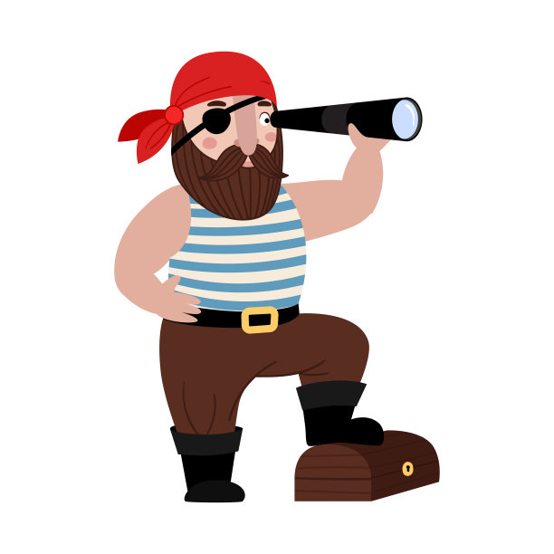 可爱的卡通独眼海盗透过望远镜看。留着胡子的老水手穿着背心，戴着大手帕，脚踩在宝箱上。矢量股票手绘插图孤立的白色背景。图片下载