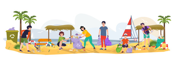 一群人清理海滩上的垃圾，塑料，垃圾。地球日。环保，生态理念。清理领土。男人拿着耙子，塑料袋。海边,岸边。平面向量图片下载