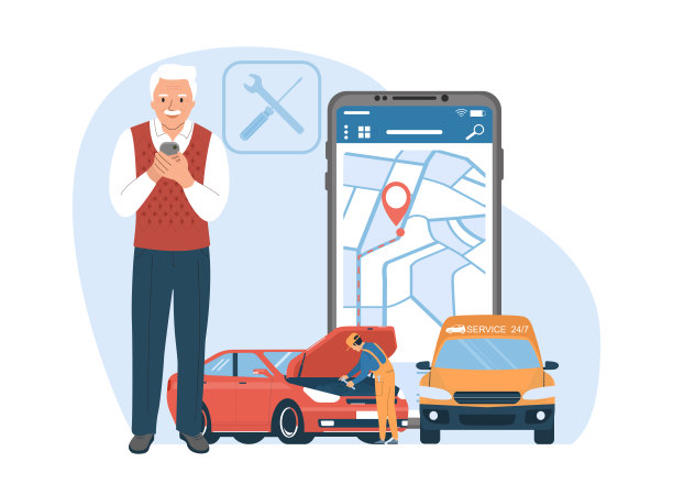 路边援助服务理念。一位老人打电话给路边援助的汽车修理工。图片下载