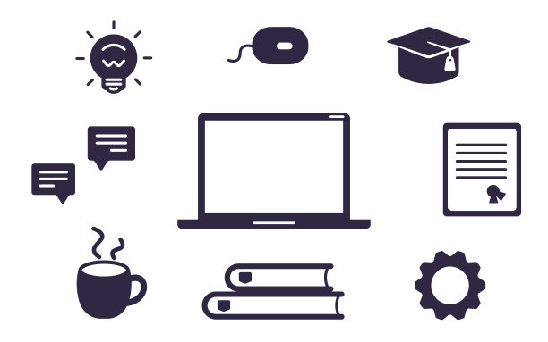在线教育的图标集。轮廓笔记本电脑，学院帽，文凭，灯泡，齿轮，气泡盒，鼠标pc。电子学习平台的孤立矢量插图。图片下载