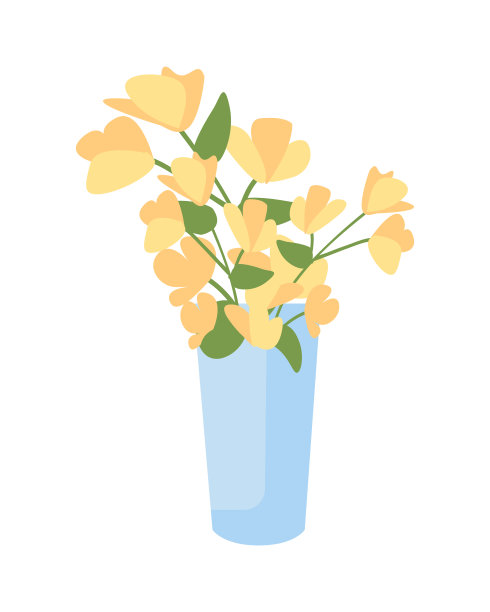 蓝色花瓶与花卉半平面颜色矢量对象图片下载