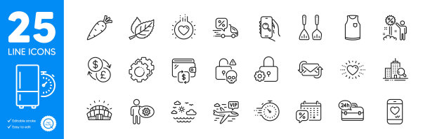 大纲图标设置。体育场馆，爱聊天和计时器图标。用于网站应用程序向量图片下载