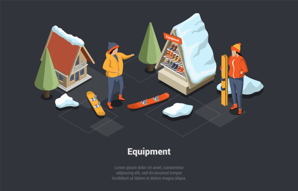 寒假和家庭假期概念。女性角色租滑雪板和教练在滑雪设备商店度假村。美丽的雪山和雪坡。等距三维卡通矢量插图图片下载