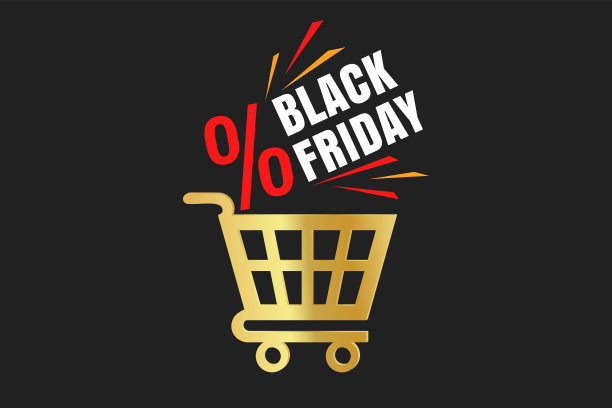 矢量图标的金色购物车为黑色星期五。矢量插图的金色购物篮在黑色背景。图片下载