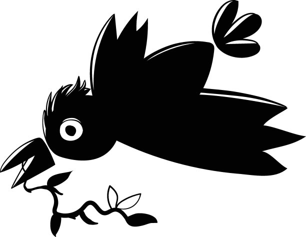 可爱有趣的黑鸟，嘴里叼着一根小树枝。矢量插图的小乌鸦在涂鸦风格。图片下载