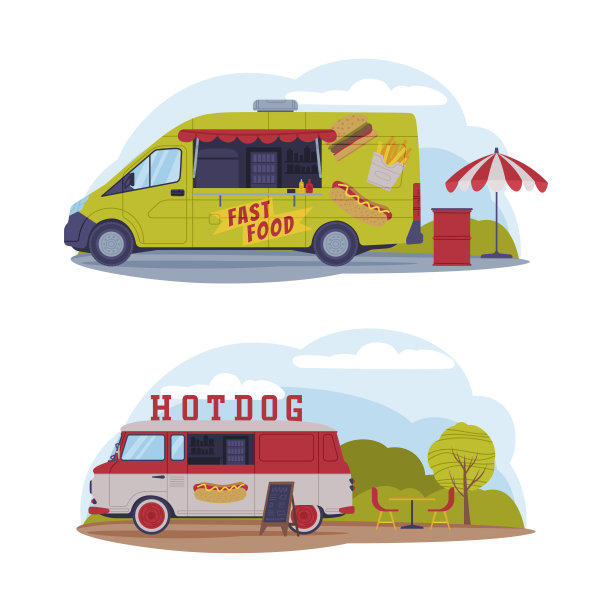 热狗和快餐车在公园、街头市场和集市出售食品设置卡通矢量插画图片下载