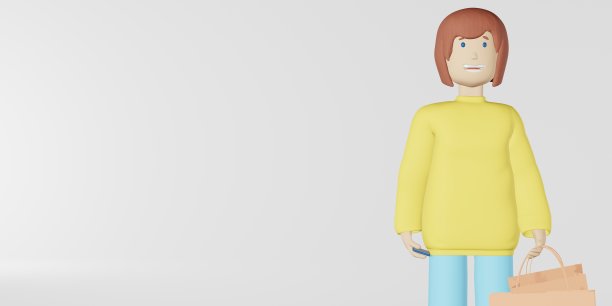 3d人物女孩购物袋在白色背景3d渲染棕色头发的女人与购物者在商场时尚店图片下载