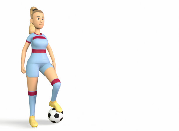 足球运动员女孩与球站在一个白色背景3d渲染图片下载