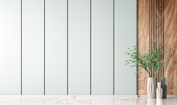 空房间内部背景，蓝色镶板模拟墙。木质镶板和大理石地板。用绿树枝装饰的花瓶。家庭模拟设计。三维渲染图片下载