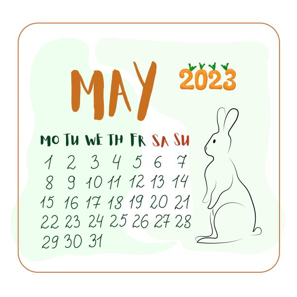 2023年五月有一只卡通风格的兔子，五月日历卡通风格的可爱的兔子，数字2023在胡萝卜的形式图片下载