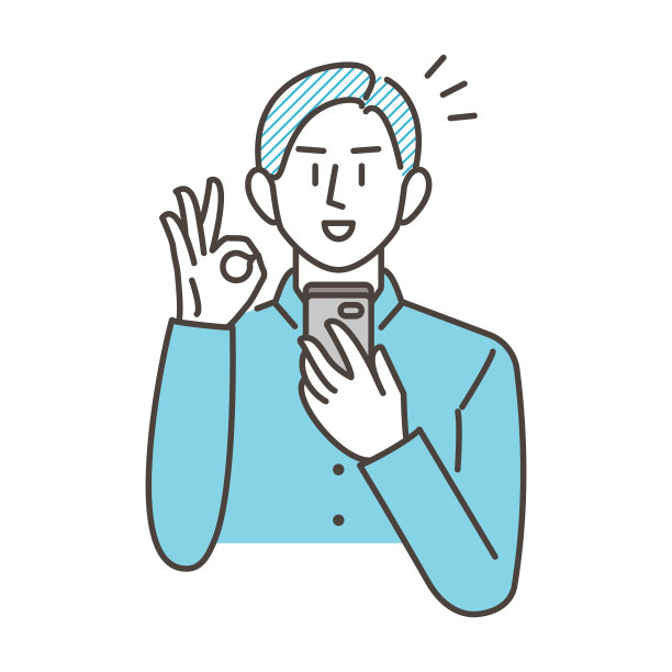 矢量插图一个年轻男子微笑着签了OK，高兴地看到他的手机。图片下载