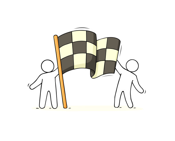 矢量插图的一个年轻人拿着一面黑白格旗图片下载