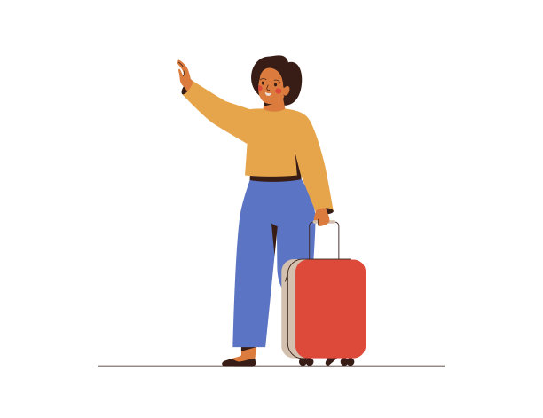 快乐的女人拿着行李向某人挥手。女士准备在暑假去旅游。矢量图图片下载