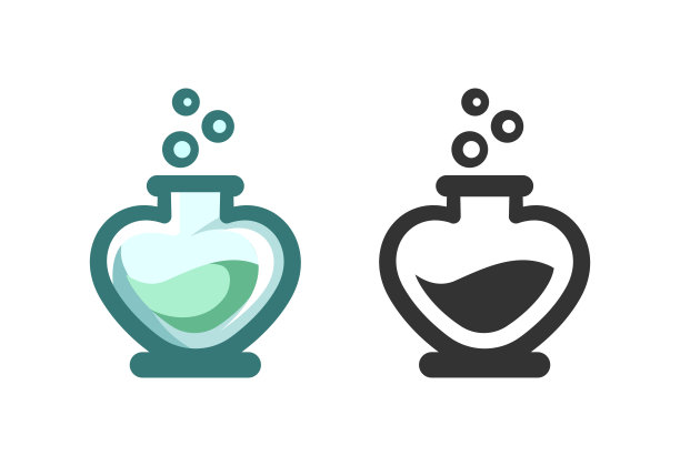 爱情药水在玻璃瓶形状像心脏贴片贴纸打印图标设计。彩色和黑白套装。可爱简单的平面卡通插画设计。图片下载