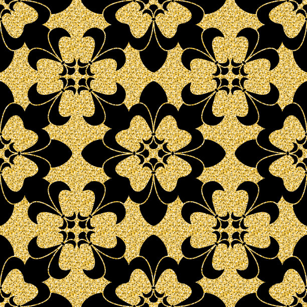 金色闪光黑色幻想花无缝图案纺织品图片下载