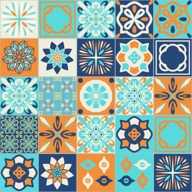 方形瓷砖设计，时髦的西班牙葡式天蓝橙色，无缝图案装饰背景图片下载