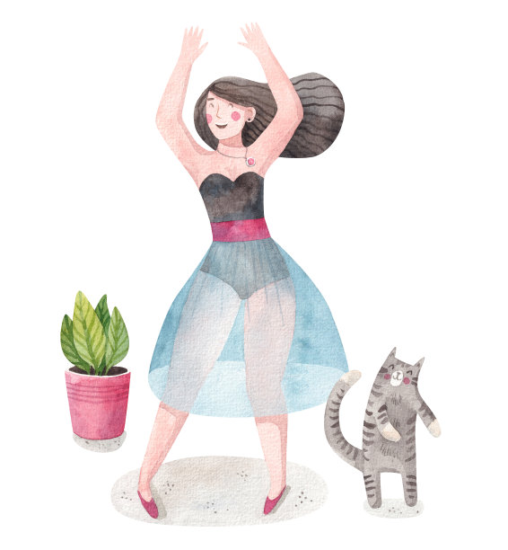 一个女人在家里和一只猫跳舞图片下载