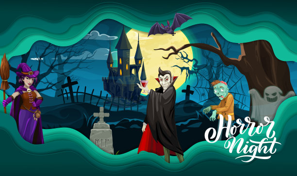 卡通万圣节人物剪纸景观图片下载