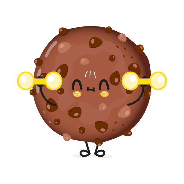 可爱有趣的巧克力饼干人物哑铃。矢量手绘卡通卡哇伊人物插画图标。孤立的白色背景。巧克力饼干人物健身房概念图片下载