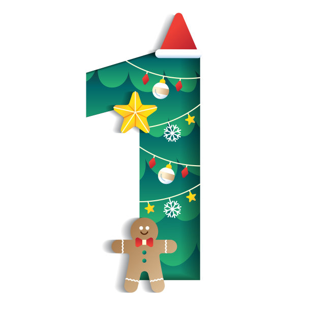 1数字数字字母可爱快乐圣诞概念姜饼饼干星星圣诞帽字符字体字母圣诞树元素卡通绿色3D纸层切割卡片矢量插图图片下载