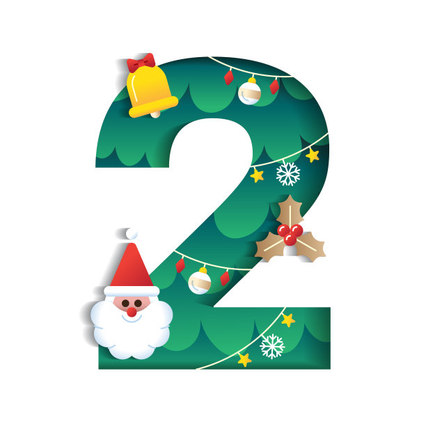2数字数字字母可爱的圣诞快乐概念圣诞老人钟槲寄生圣诞树字符字体字母圣诞元素卡通绿色3D纸层切割卡片矢量插图图片下载