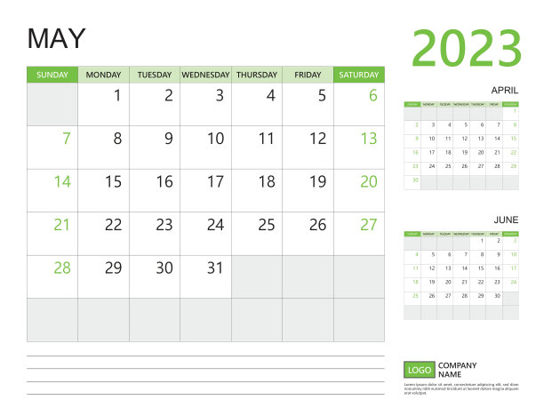 2023年5月，日历规划2023模板，周从周日开始，桌面日历2023设计，简单干净的设计绿色背景，挂历，企业设计规划模板矢量图片下载