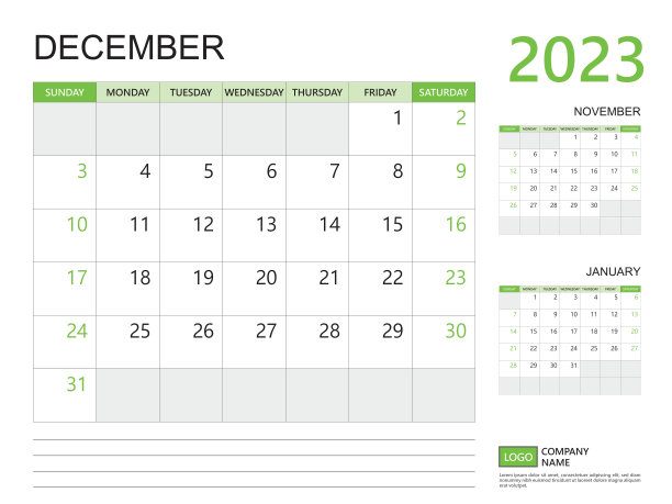 2023年12月，日历规划2023模板，周从周日开始，桌面日历2023设计，简单干净的设计绿色背景，墙壁日历，企业设计规划模板矢量图片下载