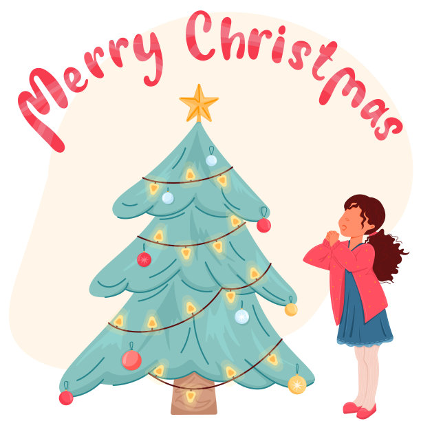 圣诞贺卡上，兴奋的小女孩站在装饰的树旁边图片下载