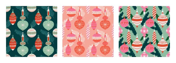 圣诞快乐和新年快乐，一套无缝的模式与古老的圣诞树装饰和杉树树枝。复古风格的时尚。矢量设计。图片下载