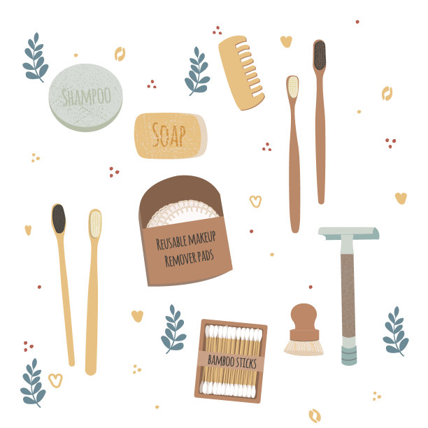 一套环保生活方式元素。浴室配件，沐浴用品，洗漱用品。口腔护理，自然护肤。零浪费浴室，可重复使用产品。矢量平面卡通插图。图片下载