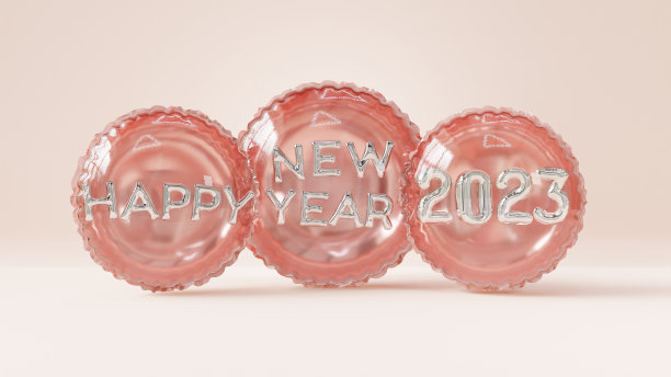 3d渲染2023年新年快乐的文字气球金属玫瑰黄金和银色在柔和的粉色背景图片下载